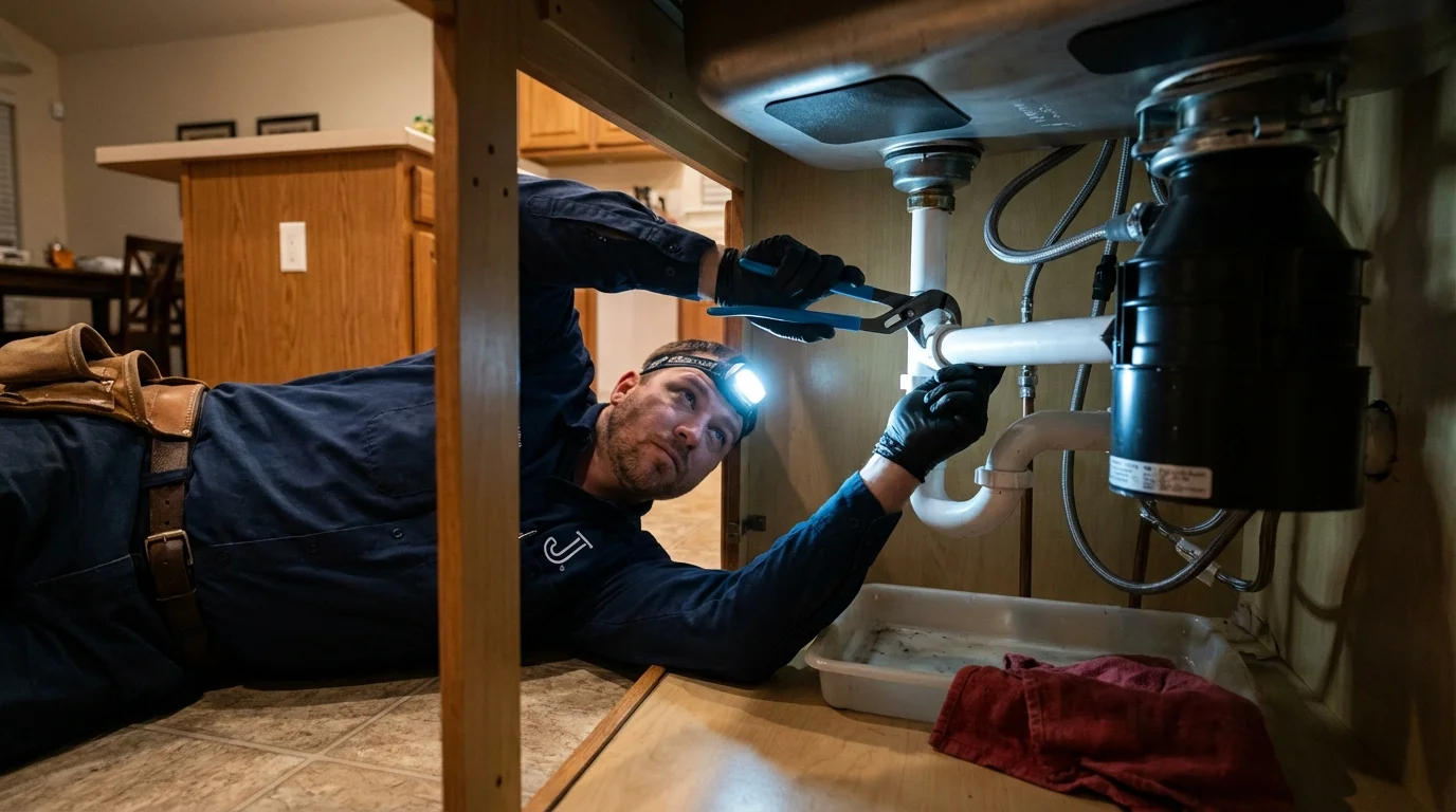 P-trap and supply line connections under a kitchen sink showing a common leak point in Nashville, AR